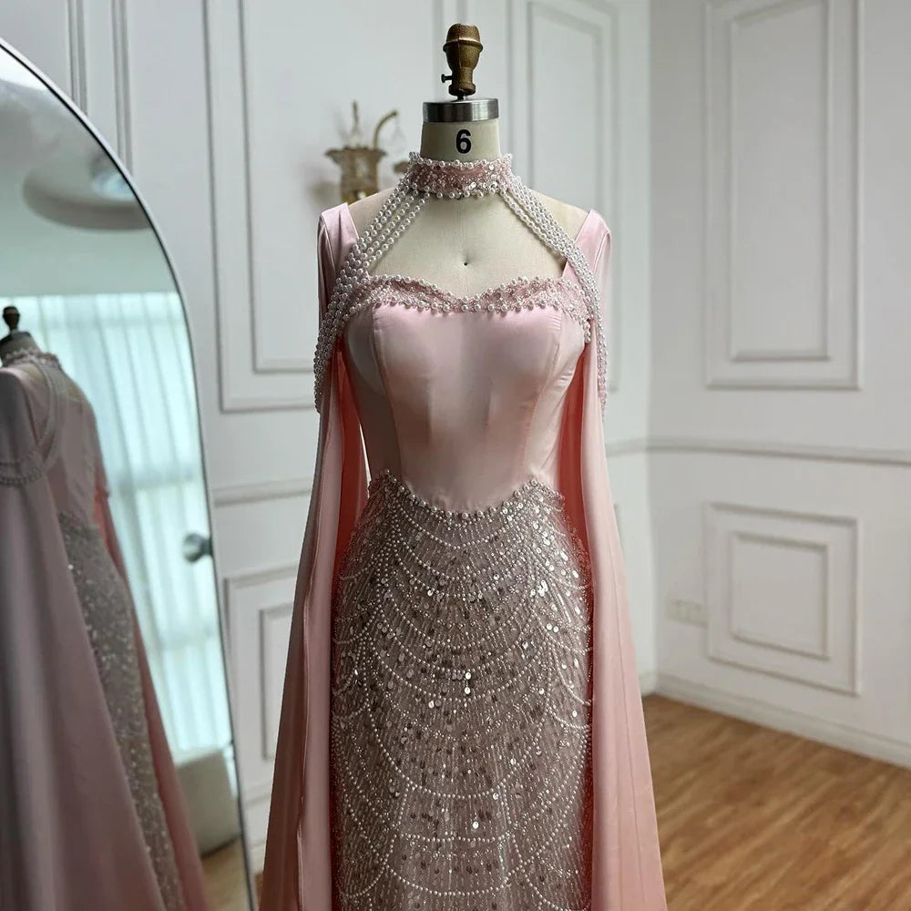 Serene Hill DLA73051 Pearls Beaded Blue Mermaid Evening Dress with Cape 2025 Elagent Party Gowns for Women Customized