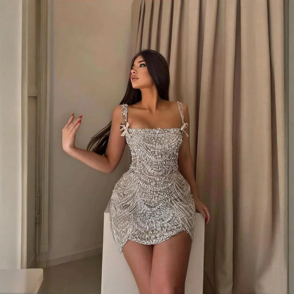 Serene Hill 2026 Pearls Luxury Beaded Evening Gowns Cocktail Party Mini Short Dress for Women Customized DLA72983B