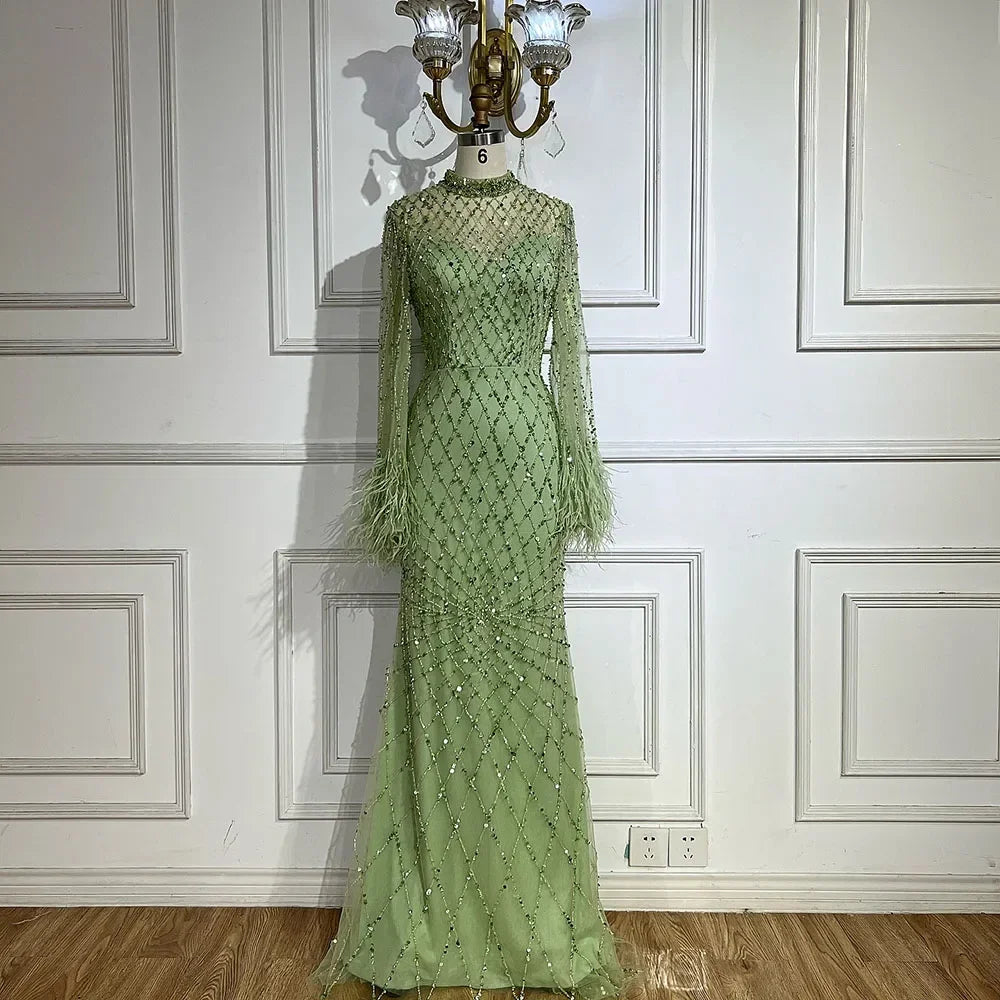 Customized 2025 Dubai Green Grid Cut Out Lace Beaded Feathers Sleeves Elegant Dresses Gowns for Formal Occasion DLA72394A