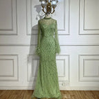 Customized 2025 Dubai Green Grid Cut Out Lace Beaded Feathers Sleeves Elegant Dresses Gowns for Formal Occasion DLA72394A