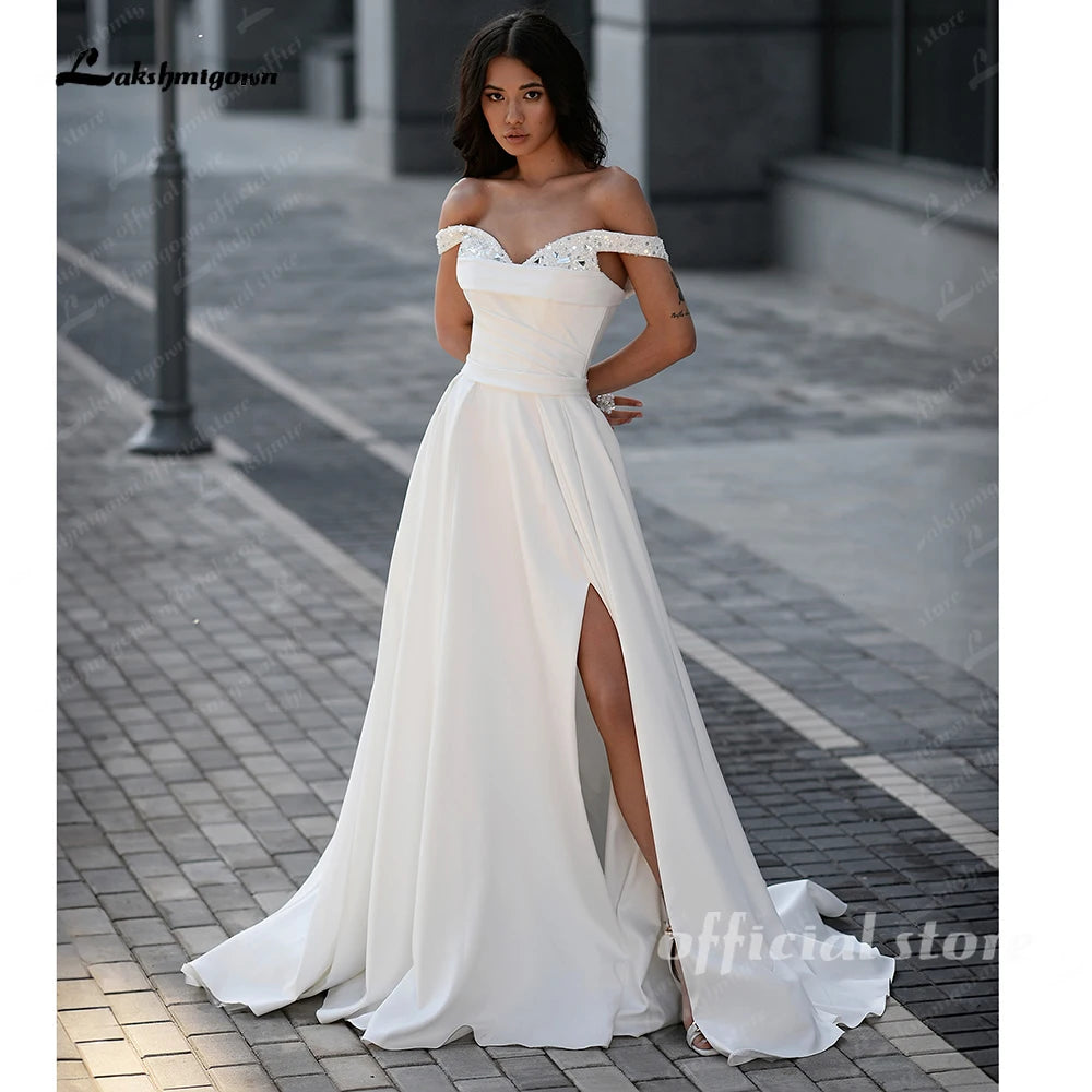 Lakshmigown Pleat Beading A-Line Wedding Dress Strapless High Slit Off The Shoulder Backless Bridal Gown Vestidos De Customized
