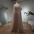 Dubai Grey Mermaid Cape Sleeves Pearls Beaded Elegant Evening Dresses Gowns 2025 Wedding Party DLA72372 Customized