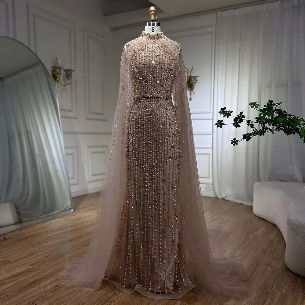 Dubai Grey Mermaid Cape Sleeves Pearls Beaded Elegant Evening Dresses Gowns 2025 Wedding Party DLA72372 Customized