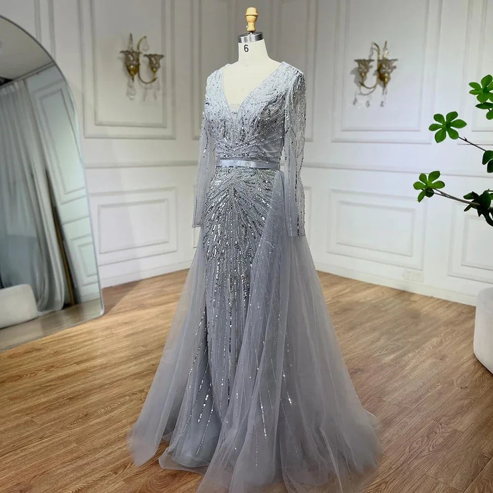 Serene Hill Customized Turquoise Long Sleeves Mermaid Beaded Evening Dresses Overskirt Party Gowns For Women DLA72239A