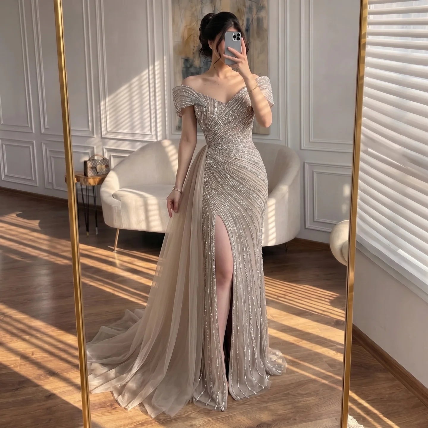 Serene Hill Elegant Off Shoulder Mermaid Beaded Party Dress Luxury Split Open Evening Gown with Side Train Customized DLA72400