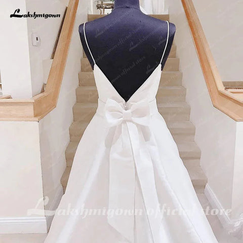 NumberSea Satin A-Linie Brautkleider mit Schleife Rückenfrei 2025 Sommer Strand Robe Satin Sexy Brautkleider Spaghettiträger 