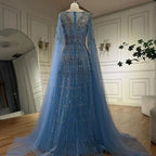 Customized 2025 Muslim A-Line Blue Beaded Elegant Evening Dresses With Cape Sleeves For Wedding Occasion DLA72666