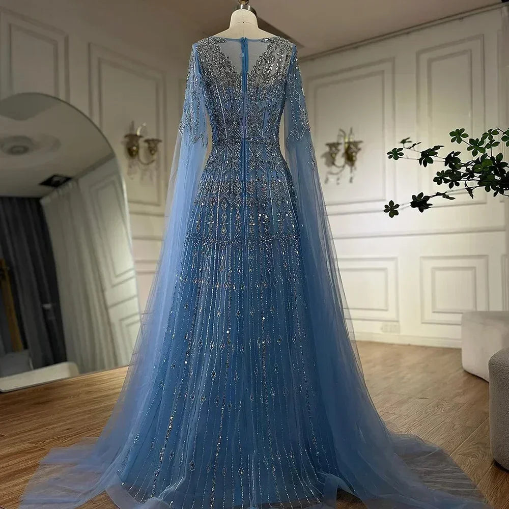 Customized 2025 Muslim A-Line Blue Beaded Elegant Evening Dresses With Cape Sleeves For Wedding Occasion DLA72666