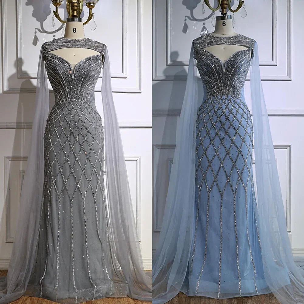 Abito da sera sirena con perline e mantella color nude lussuoso LA72814