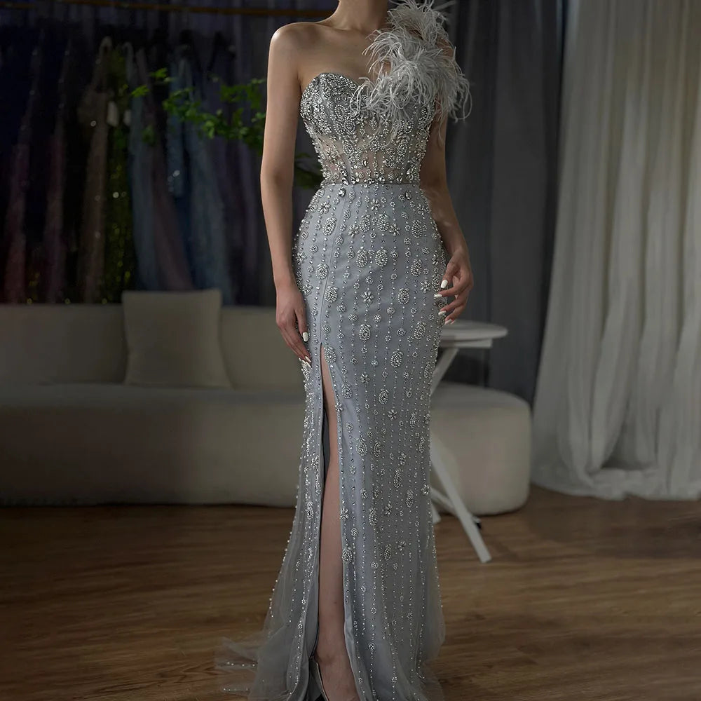 Serene Hill Gray Mermaid One Shoulder High Split Beaded Feather Evening Dress Party Gowns for Women DLA72347 Customized