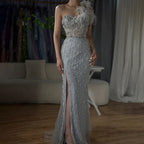 Serene Hill Gray Mermaid One Shoulder High Split Beaded Feather Evening Dress Party Gowns for Women DLA72347 Customized