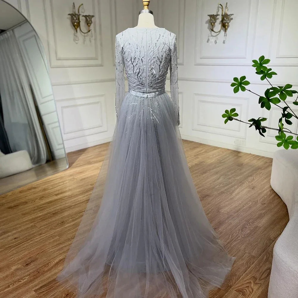 Serene Hill Customized Turquoise Long Sleeves Mermaid Beaded Evening Dresses Overskirt Party Gowns For Women DLA72239A