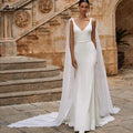 Lakshmigown Elegant Soft Satin Crepe Wedding Dresses With Detachable Cape Simple V Neck Mermaid Boho Bridal Gowns For Brides