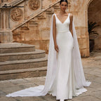 Lakshmigown Elegant Soft Satin Crepe Wedding Dresses With Detachable Cape Simple V Neck Mermaid Boho Bridal Gowns For Brides