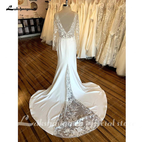 NumberSea Abito Da Sposa Boho Vintage in Pizzo con Maniche Lunghe 2025, Vestito da Sposa Sexy in Satin Morbido con Scollo Profondo e Schiena Aperta