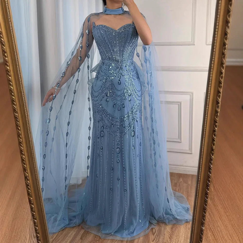 Abito da sera di lusso con paillettes blu, perline e maniche a mantello LA73108
