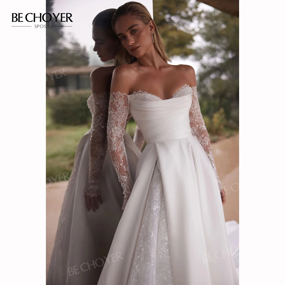 Off the Shoulder A-Line Wedding Dress 2026 Appliques Long Sleeve Customized Bride Gown Princess BECHOYER EL350 Vestido De Noiva