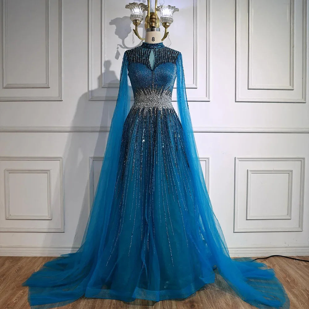 Elegant Modest Blue Beaded Evening Dress with Cape Sleeves Dubai Gown Serene Hill 2025 Customized DLA73059