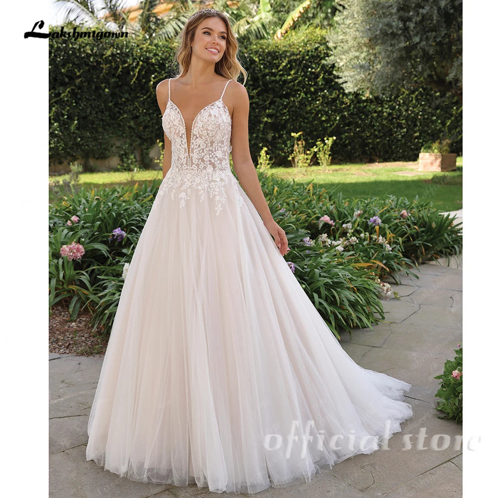 Lakshmigown Halter Neck Tulle Wedding Dresses Sexy Sleeveless Bridal Gowns with Sweep Train and Button Back Customized