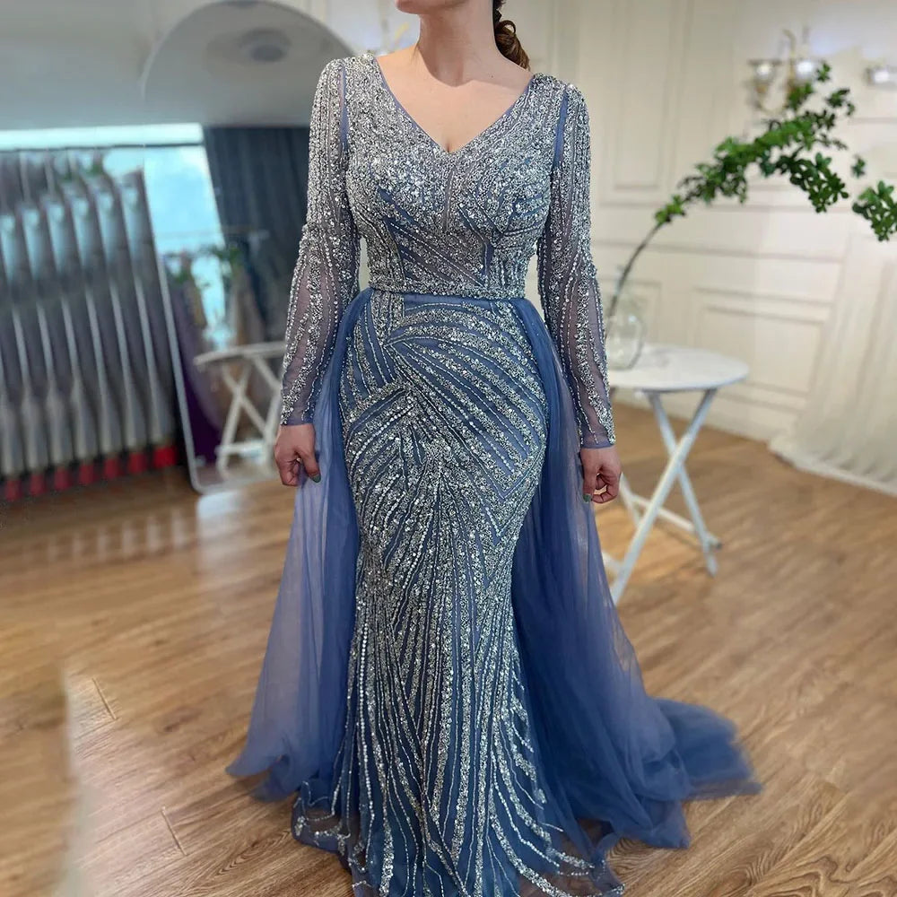 Nightbubo Customized Blue Grey V-Neck Mermaid Beaded Overskirt Evening Dresses Elegant Party Gowns For Women DLA71750
