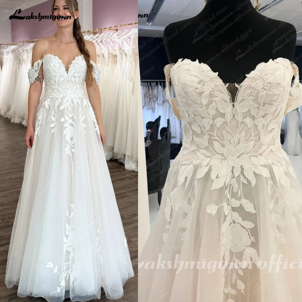 Lakshmigown Off Shoulder Wedding Gown Sweetheart Lace Appliques Women Wedding Dress with Cap Sleeve 2025 Bridal Gown Customized