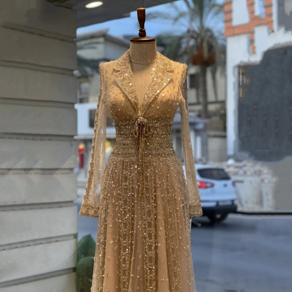 Serene Hill Customized 2026 Lapel Collar Long Sleeve Evening Dress Luxury Beaded A-Line Modest Party Gowns DLA73663