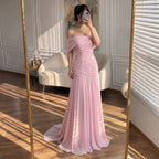 Serene Hill Pink Chiffon Mermaid Evening Gowns 2026 Elegant Mermaid Off-Shoulder Pleated Ruched Prom Dresses LA73347 Customized