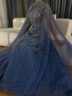 Serene Hill Customized 2025 Blue Beaded A-Line Cape Sleeves Formal Evening Dresses Elegant Party Gowns for Women DLA72728