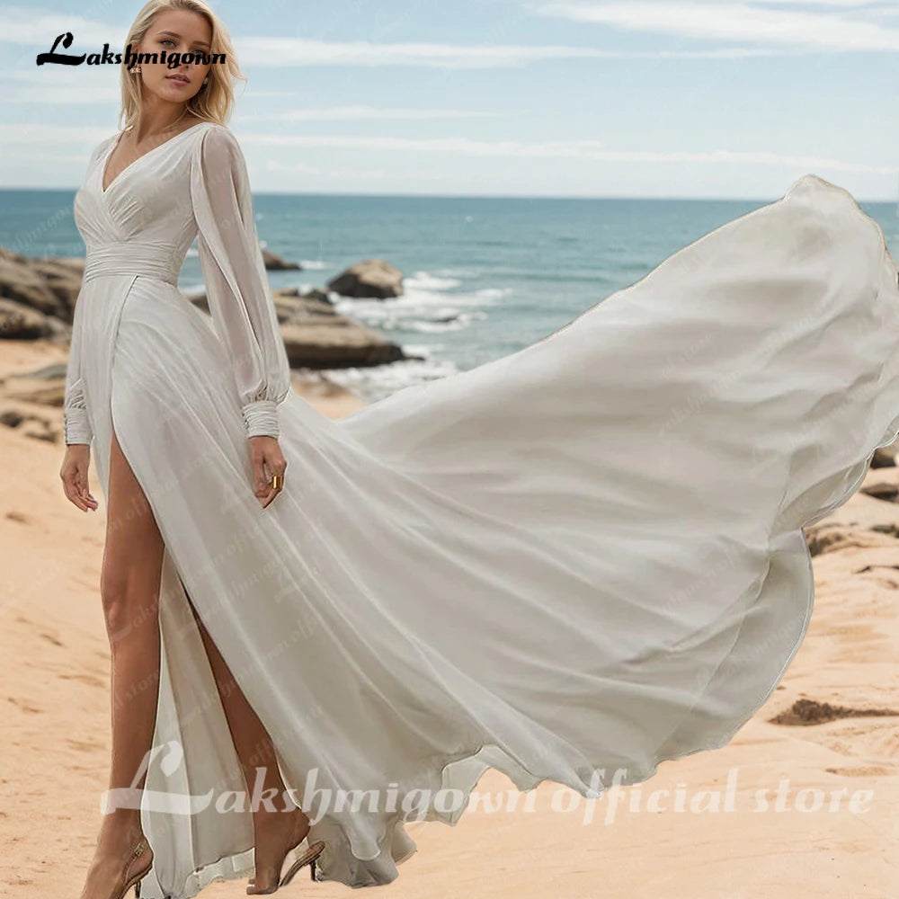 Lakshmigown Simple V-Neck Chiffon Wedding Dress Sexy Side Slit A-Line Pleat Bridal Long Sleeves Open Back Bohemia Customized