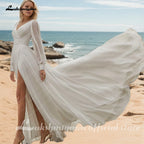 Lakshmigown Simple V-Neck Chiffon Wedding Dress Sexy Side Slit A-Line Pleat Bridal Long Sleeves Open Back Bohemia Customized