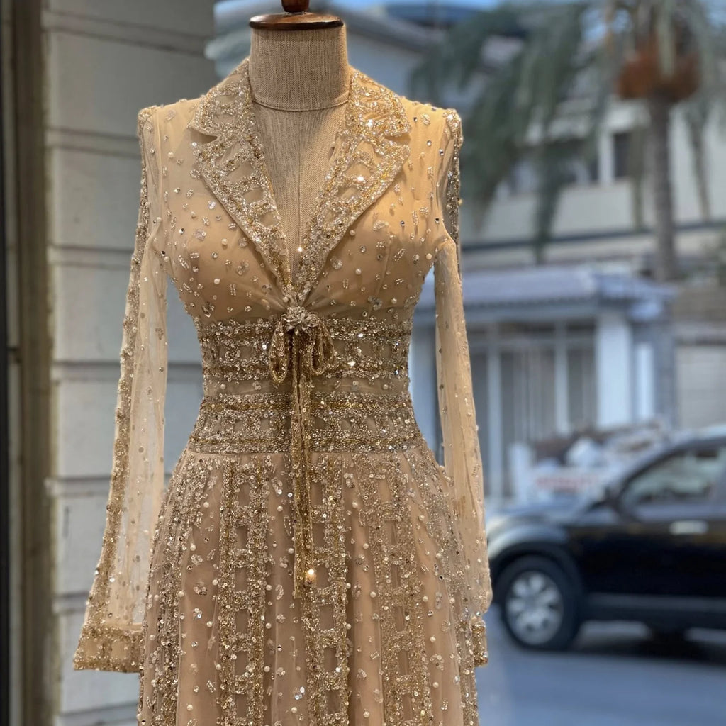 Serene Hill Customized 2026 Lapel Collar Long Sleeve Evening Dress Luxury Beaded A-Line Modest Party Gowns DLA73663