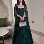 Serene Hill 2026 Customized Caramel Beaded A-Line Evening Dress with Cape Sleeves Formal Party Gowns for Women DLA73089