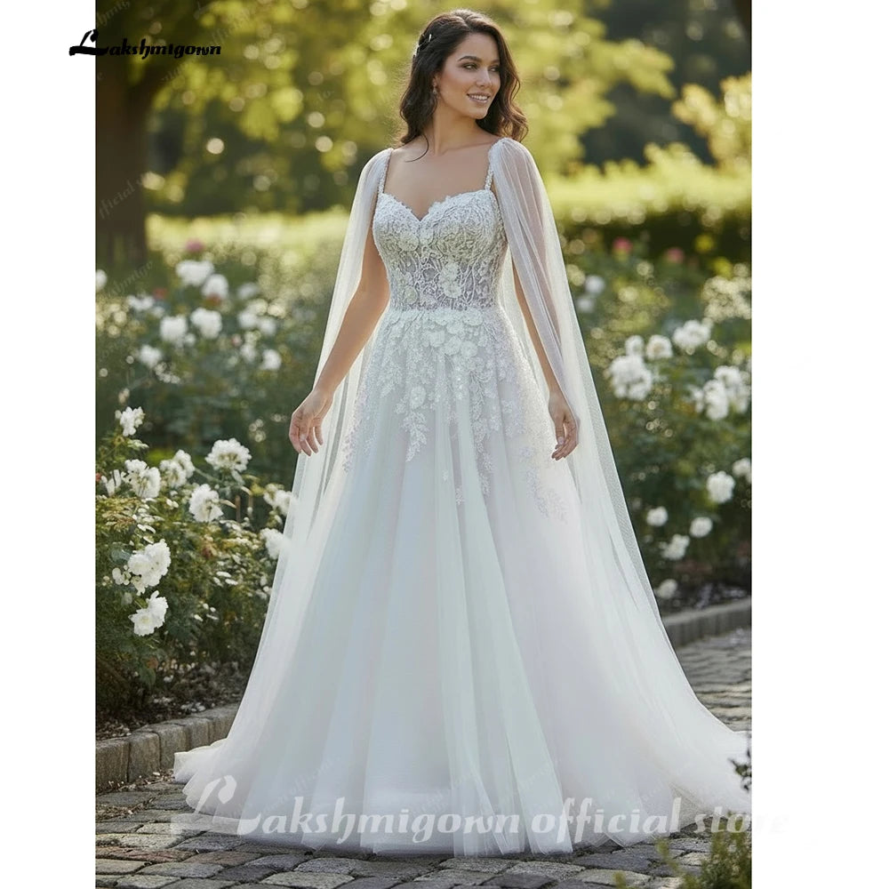 Lakshmigown Sexy Wedding Dress with Detachable Cape Spaghetti Straps Applique Sweep Train Woman Bridal Gown for Bride Customized