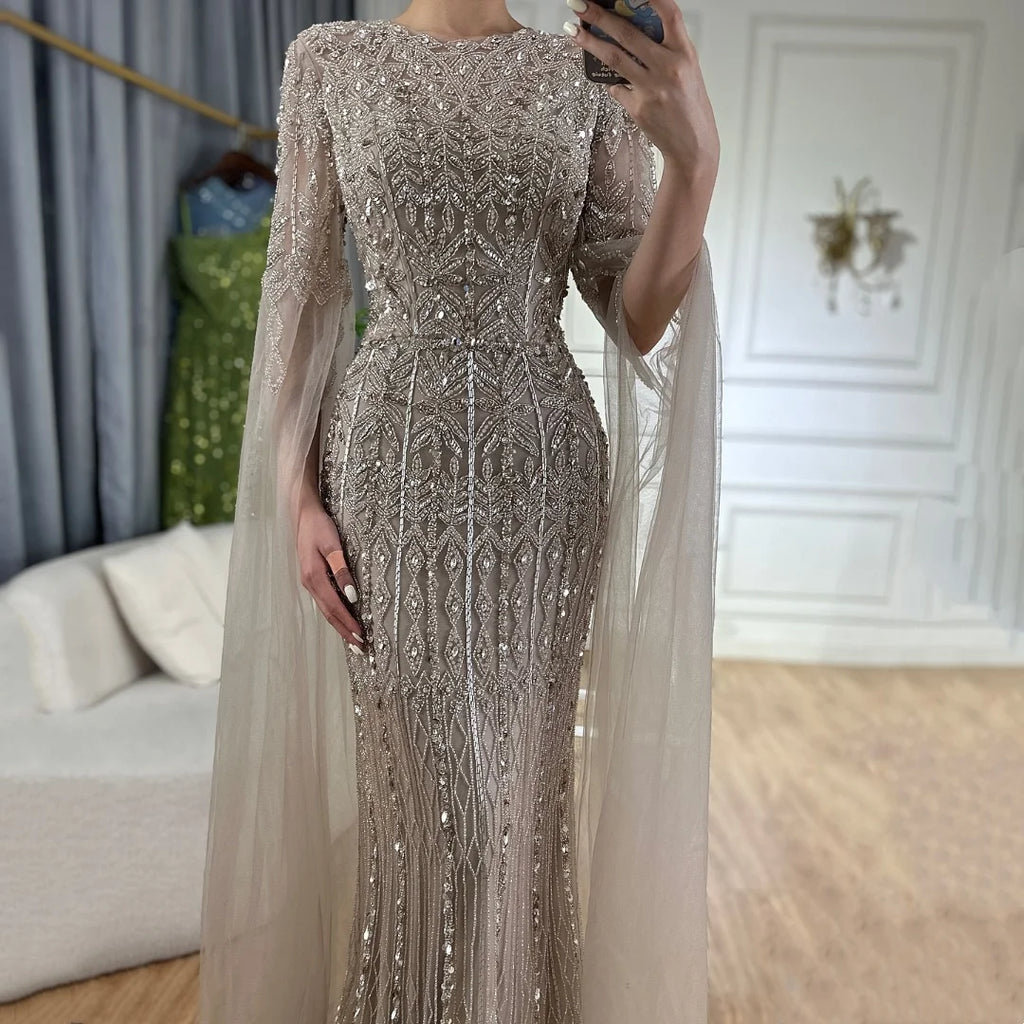 Serene Hill Caramel Mermaid Beaded Evening Dresses with Cape Sleeve Elegant Party Gowns for Women DLA72775 Customized