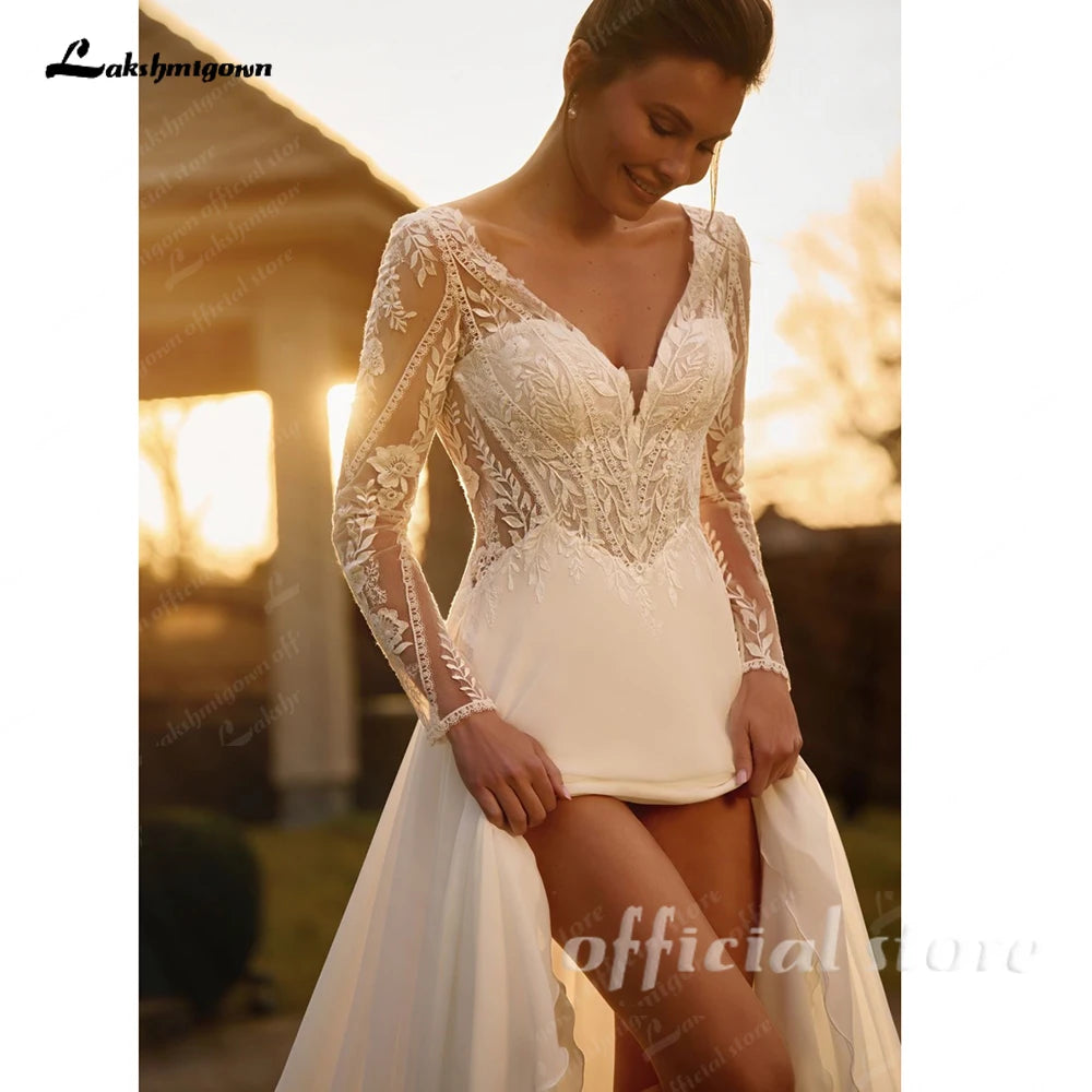 Lakshmigown Illusion Long Sleeve Wedding Dress Woman Chiffon A Line Applique Side Slit Long Robes de Soriee Customized