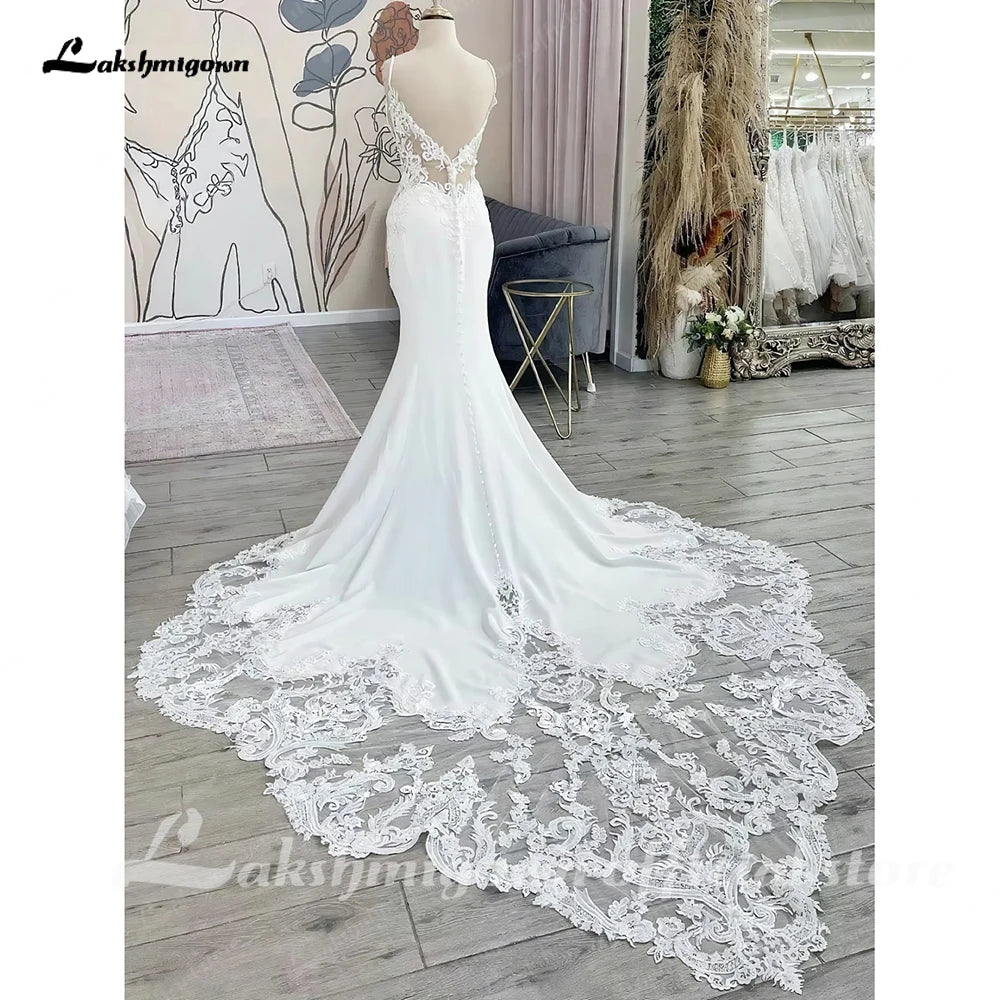 Lakshmigown Spaghett Straps Mermaid Wedding Dresses with Beads Lace Appliques Court Train Vestidos De Novia V-Neck Customized