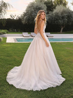 Lakshmigown Spaghetti Straps V Neck Wedding Dresses for Bride Boho A-Line Tulle Bridal Dresses Court Train Customized