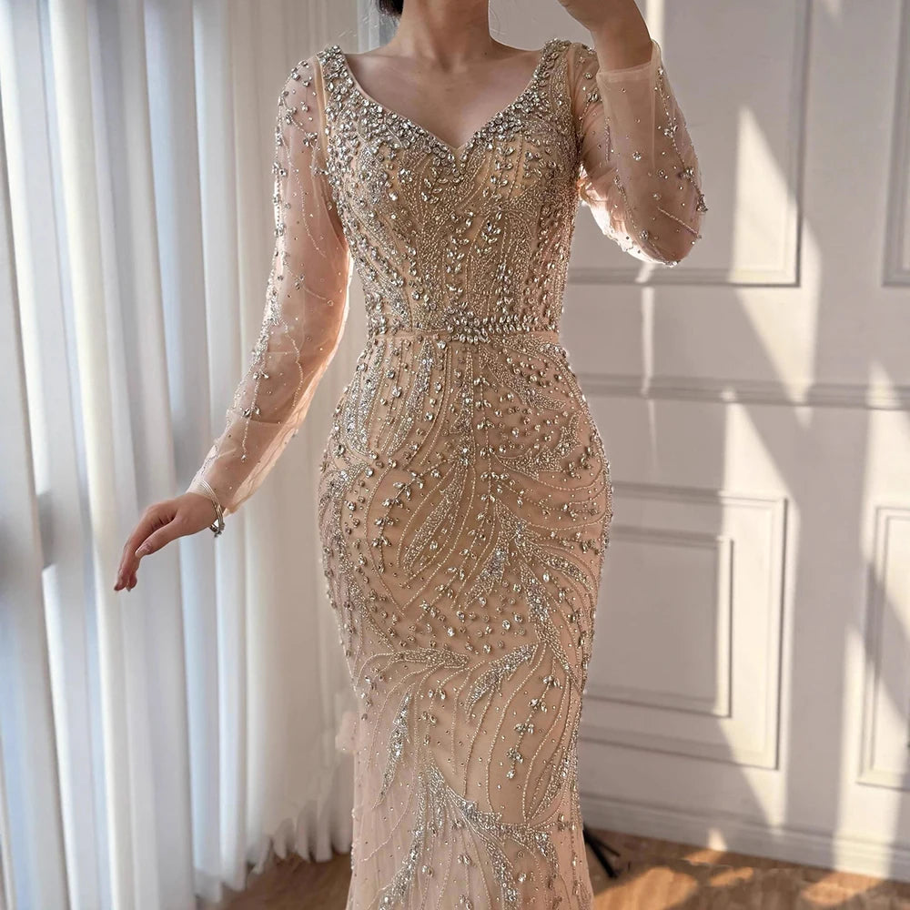 Serene Hill Pink V-neck Long Sleeves Mermaid Luxury Beaded Evening Dress 2026 Wedding Party Gowns DLA73191 Customized