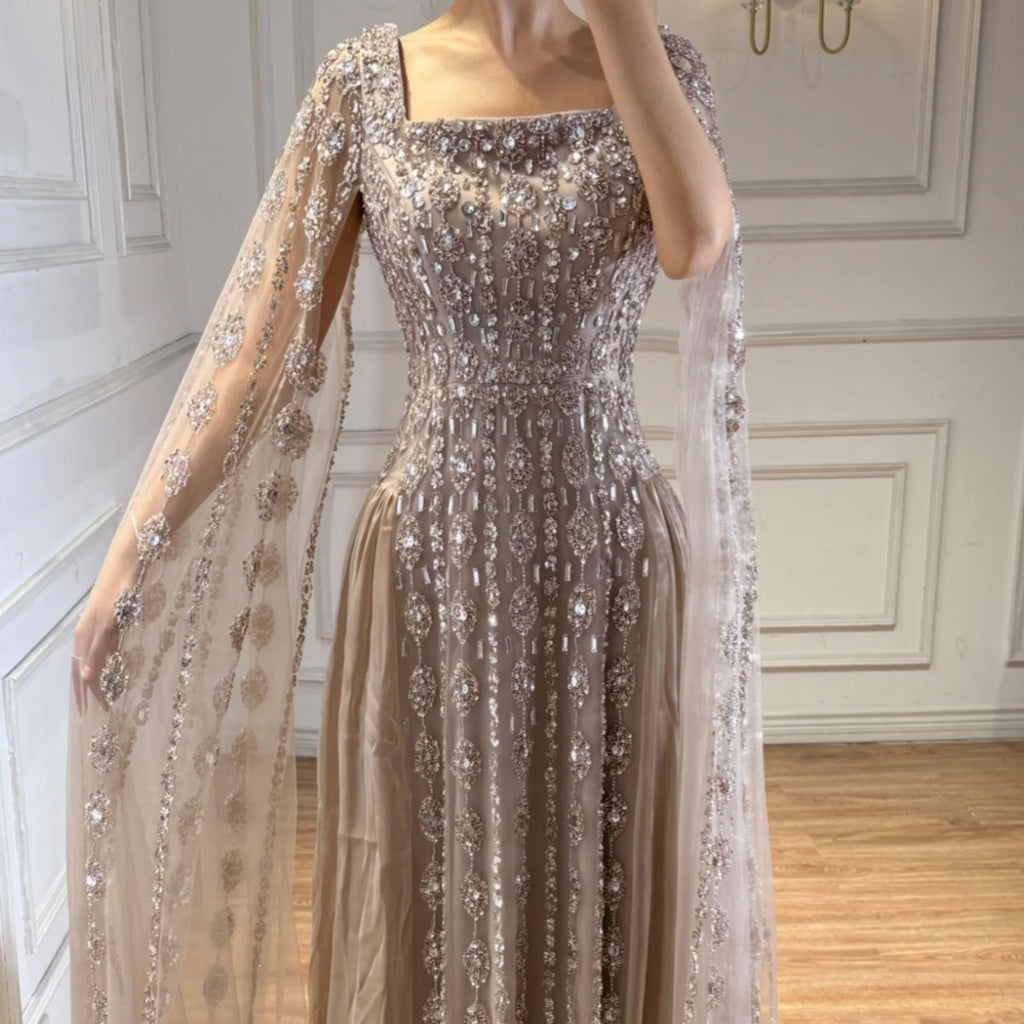 Serene Hill Luxury Beaded Evening Gown Elegant Cape Sleeve Square Neck Muslim Wedding Party Dress 2026 DLA73272 Customized
