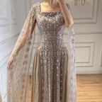 Serene Hill Luxury Beaded Evening Gown Elegant Cape Sleeve Square Neck Muslim Wedding Party Dress 2026 DLA73272 Customized