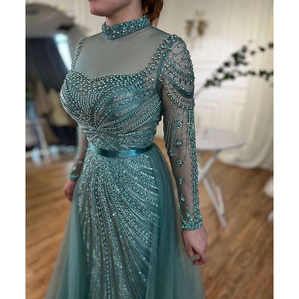 Serene Hill Customized Nude Long Sleeves Beaded Mermaid Dubai Evening Dresses 2025 Muslim Party Gowns for Veiled Women DLA71533