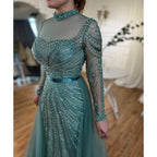 Serene Hill Customized Nude Long Sleeves Beaded Mermaid Dubai Evening Dresses 2025 Muslim Party Gowns for Veiled Women DLA71533