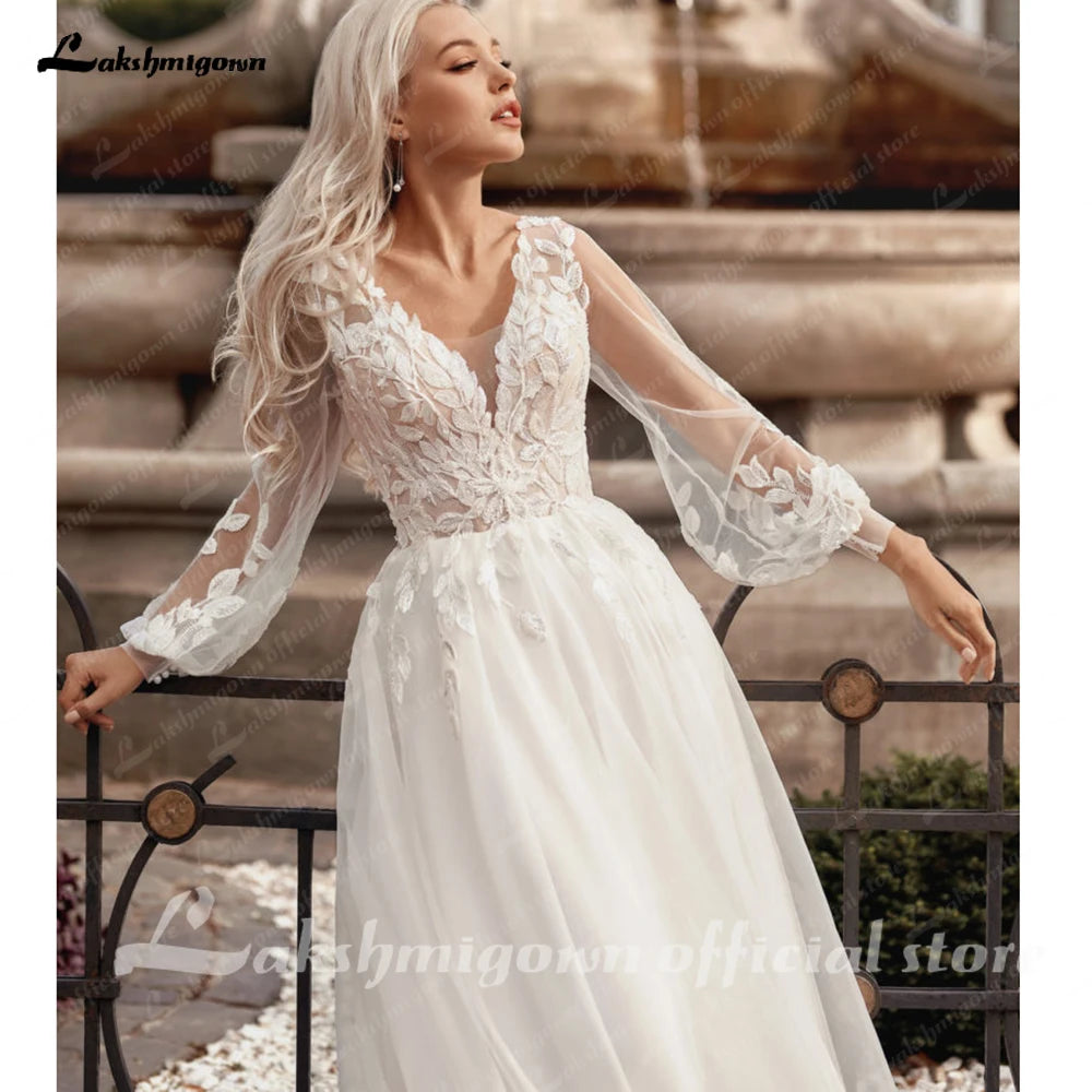 Lakshmigown Lace Tulle Beach Wedding Dresses Vestidos V Neck Women Long Boho Bride Gowns vestidos para eventos especiales