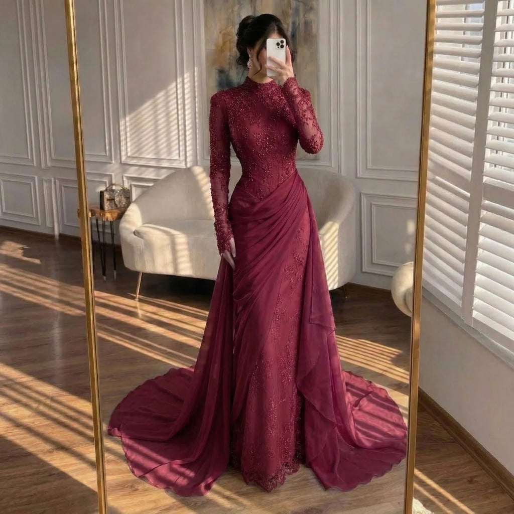 Serene Hill Customized Wine Red Mermaid Evening Dresses with Wrap Skirt High-End Lace Formal Party Gowns for Women DLA73407