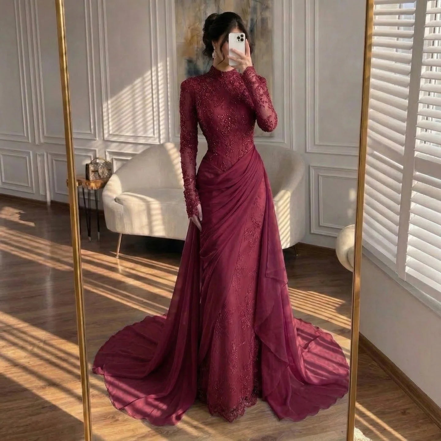 Serene Hill Customized Wine Red Mermaid Evening Dresses with Wrap Skirt High-End Lace Formal Party Gowns for Women DLA73407