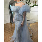 Serene Hill Customized Blue Mermaid Puff Sleeves Beaded Evening Dresses Dubai Elegant Party Gowns For Women 2024 DLA71823