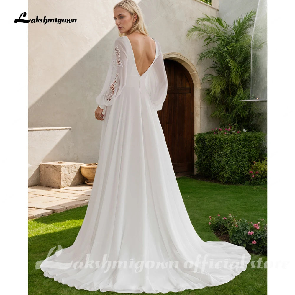 Lakshmigown Boho Chiffon Beach Wedding Dresses Ivory Long Sleeves Bridal Gowns Lace V Neckline Vestido de boda Customized