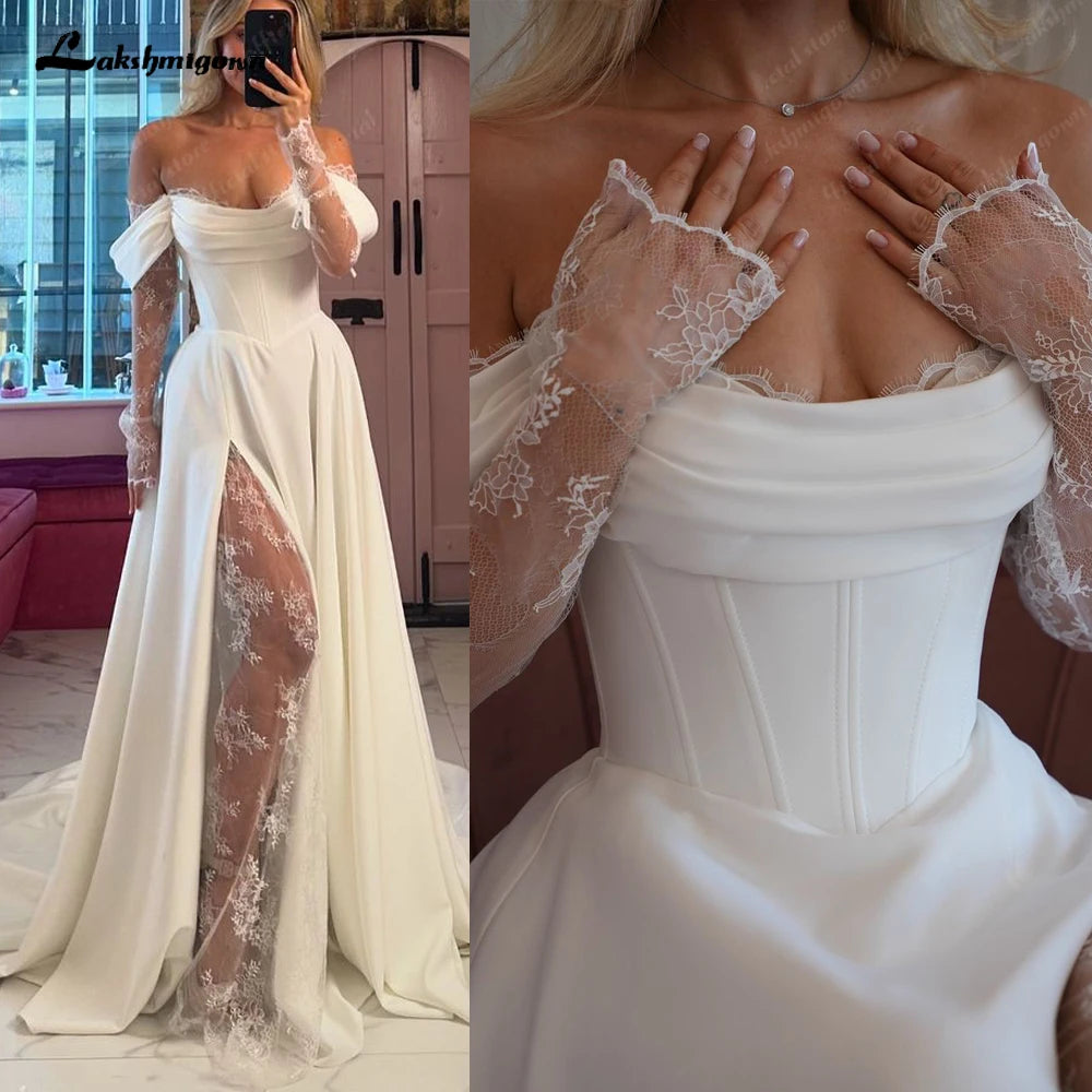 Lakshmigown Off The Shoulder Pleat Satin Wedding Dresses Customized Long Sleeves A-Line Bridal Gowns Sweep Train Bridal Dresses