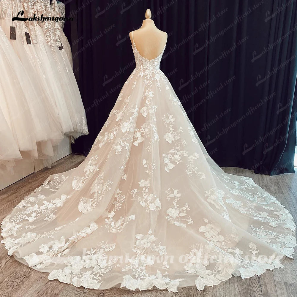 Lakshmigown Luxury Spaghetti Straps Lace Women Sweetheart Neck Wedding Dress for Bride Champagne Wedding Gown Vestidos Para Boda