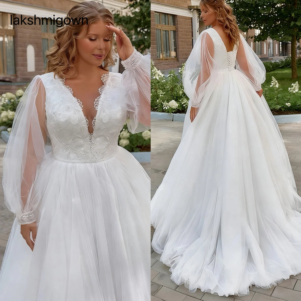 Lakshmigown Plus Size Long Wedding Dress Puff Sleeves V Neck Sweep Train A Line Tulle Robe De Mariage Bridal Dress Customized
